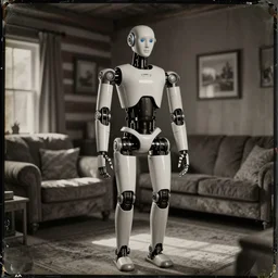 humanoid robot, advanced humanoid robots, sleek robot, in log cabin living room, tintype photograph