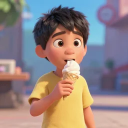 octane, renderman render of a boy eating icecream, pixar