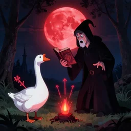 A neon photo of a cultist of goose, named Innokentiy, magic book, spells, sacrifice, full red moon, scared exposition