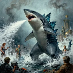 shark godzilla spraying nuclear waste by petros afshar and carl barks and hieronymus bosch and santiago caruso, highly detailed