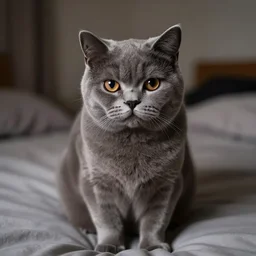 a cute gray cat with big sad eyes sitting on a bed in a dimly lit room, ultra realistic photograph