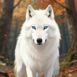 digital illustration white wolf with blue eyes, in the autumn forest, realistic, 8 к by miazaki, by leiji matsumoto