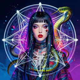 a cyberpunk portrait of a female model by jean - michel basquiat, by hayao miyazaki by artgerm, highly detailed, sacred geometry, mathematics, snake, geometry, cyberpunk, vibrant, water
