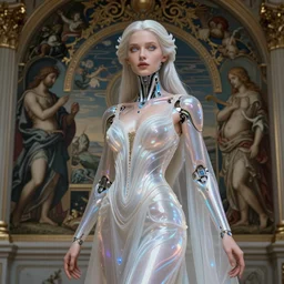beautiful young cyborg queen, piercing glowing eyes, elegant, striking composition, royal gown, regent, beautiful muse, synth, synthetic bio skin, futuristic translucent pearlescent skin, diffuse lighting, space opera, intricate, elegant, highly detailed,smooth, sharp focus, elegant, vogue cover poses, fashion poses, highly detailed ornate sci fi background, mural in the style of sandro botticelli, caravaggio, albrecth durer, 8k