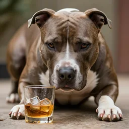 pitbull dog drinks whiskey, real life, realistic, detailed, 4 k,