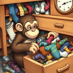 an awkward monkey fiddles with a drawer full of socks, cartoon illustration masterpiece, intricate and interesting character design, beautiful sequential art, by jim davis and kim jung gi and thomas kinkade