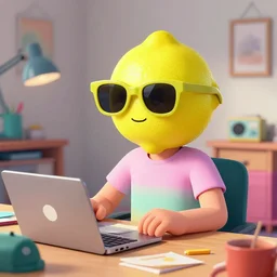 a lemon wearing sunglasses studying on a messy room, retrowave, digital art.