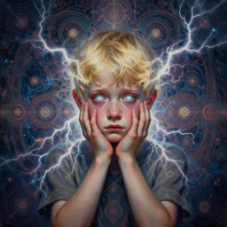 symmetrical visionary art by mandy jurgens, powerful eyes glowing highly detailed painting of deep sadness alone, very young blonde boy spiritual portrait, fractal electricity surrounding him, expressive emotional sadness piece, symmetrical, trending on art station, abstract emotional sadness expression, very very very beautiful, fantasy digital art, highly detailed patterned visionary art, magical fantasy 2 d concept art, intricate detai, magic symbols and patternsl