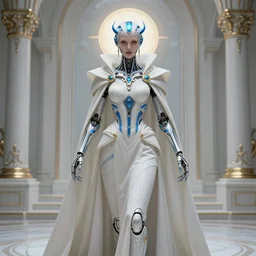 detailed portrait of a cyborg, necromancer, benevolent, scifi, futuristic, elegant cape, year 2 1 0 0, elegant, alien room background, white, blue, gold, trending on artstation, soft light, holy machine, advanced technology, art by vitaly bulgarov and nivanh chanthara