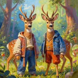 a portrait painting of two roe deer in clothes ， humanoid, anthropomorphic, personify, trending on artstation by wenjun lin, irakli nadar, bright colors, octopath traveler, wenjun lin, unreal engine 5 highly rendered, global illumination, radiant light, detailed and intricate environment