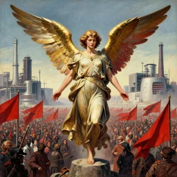 socialist totalitarian angel, futuristic alternate timeline, anarcho - communist hordes, red and black flags, modernist factories in background, art by max ernst, cnt spanish civil war era propaganda, extremely detailed, 4 k