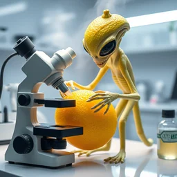 lemon alien, in a lab doing alien experiments on a lemon, fantasy, science fiction, highly detailed, white lab, microscope, modern alien lab mist
