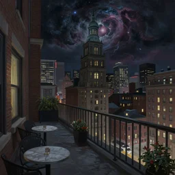 horrifying full color photorealistic painting of a 1 9 2 5 hotel terrace overlooking a distored view of downtown boston with a cosmic sky, dark, atmospheric, brooding, smooth, finely detailed, cinematic, epic, in the style of lee gibbons