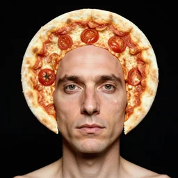 portrait of man with a rare deformational condition making the head flat and circular like a pizza, head looks exactly like a pizza, doughy skin with white pores, blemishes look like tomatoes, soft lighting, sharp focus, highly symmetrical, head and shoulders portrait, black background, masterpiece by diane arbus