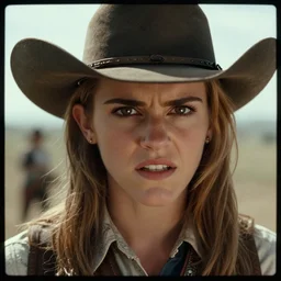 emma watson as a cowboy in a western movie directed by sergio leone, angry expression, promotional image, detailed face, movie still frame, letterboxing, techniscope 3 5 mm film