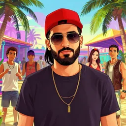 tropical party rave, young ducktail bearded middle eastern american man wearing wayfarer glasses and red cap beautiful picture and scenery, gta 5 comics, official fanart behance hd artstation by jesper ejsing, by rhads, makoto shinkai and lois van baarle, ilya kuvshinov, ossdraws, by feng zhu and