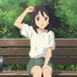 anime film visual illustration from a distance of a young woman sitting on a bench in a park, cute face by ilya kuvshinov, makoto shinkai, kyoani, masakazu katsura, dynamic pose, crisp and sharp, yoshinari yoh, detailed facial features, rounded eyes, anime poster, ambient light, focused, flat, cel shaded