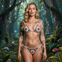 tattooed margot robbie posing in a magical crochet bikini in a magical forest, full body, highly detailed realistic face, highly detailed eyes, fantasy art, in the style of greg rutkowski, illustration, epic, fantasy, intricate, hyper detailed, artstation, concept art, smooth, sharp focus, ray tracing, vibrant, photorealistic