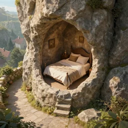cylindrical secret base carved inside a mountain viewed from courtyard below, cozy bed, well maintained, clean, medieval, fantasy genre, natural light, fantasy, natural light, sharp focus, concept art, by greg rutkowski and craig mullins, cozy atmospheric and cinematic lighting, trending on artstation