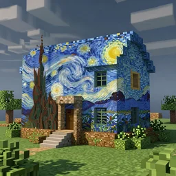a Minecraft house painted by Vincent van Gogh