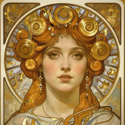 realistic detailed face portrait of Circe by Alphonse Mucha, Greg Hildebrandt, and Mark Brooks, gilded details, spirals, Neo-Gothic, gothic, Art Nouveau, ornate medieval religious icon