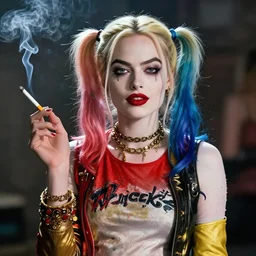 Margot Robbie as a harley quinn smoking a cigarette, sexy look, smoke cloud, cinematic, 4k, hyper realistic, super detailed