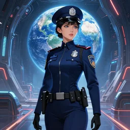 portrait futuristic planet earth police uniform female, in a future huge spaceship internal, neon light, ssci - fi and fantasy, intricate and very very beautiful and elegant, highly detailed, digital painting, artstation, concept art, smooth and sharp focus, illustration, art by tan zi and ayanamikodon and alphonse mucha and wlop