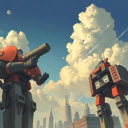 meh - robots, big gun, city, cloudy sky, art by vrubel
