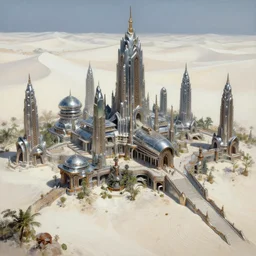 a temple city surrounded by white sand desert dunes, matte oil painting, chrome cathedrals, retrofuturistic, concept art, science fantasy, mutant, rpg, epic, rust, salt, jungle, dungeons & dragons, sharp focus, award - winning, extremely detailed, 4 k, 8 k