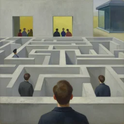 first - person view of a start concrete maze with people looking into portholes, grant wood, pj crook, edward hopper, oil on canvas