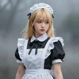 portrait of a beautiful japanese girl with blonde hair dressed as a french maid, elegant, highly detailed, digital painting, 8 k, concept art, smooth, sharp focus, illustration, ethereal, misty, octane render, by ruan jia and zeen chin and greg rutkowski and alphonse mucha