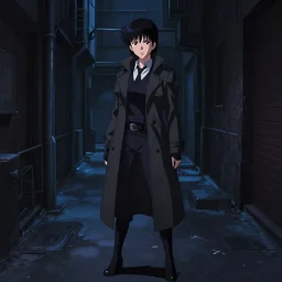 a high definition screenshot from the detective noir noir cyberpunk anime anime film ; a cinematic shot of a lone lone lone lone lonely alone female detective in a trenchcoat investigating a dark dark alleyway, digital painting by ( ( makoto shinkai ) ), martin ansin, trending on artstation