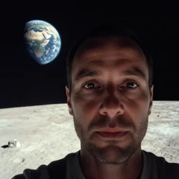 a selfie taken on the moon,planet earth visible in the background,found footage,realistic,hyperdetailed,detailed face,lost footage,grainy,mysterious,colored