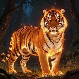 tiger, burning bright, in the forests of the night, fantasy, highly detailed, digital painting, concept art, sharp focus, illustration, beautiful volumetric lighting, epic light, artstation - w 7 0 4