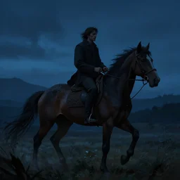 a man riding a horse into the night, dark, blue hour, cinematic lighting, by alan lee, intricate, grim, digital art, trending on artstation