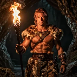 Muscular Taylor Lautner wearing a fur barbarian tunic holding a glowing fire torch. In a dark cave. Trending on Artstation, octane render, ultra detailed, art by Ross tran