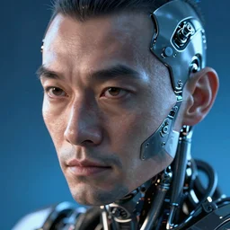 hyperrealistic close-up very expressive biomechanic chinese man highly detailed concept art eric zener elson peter cinematic blue lighting high angle hd 8k sharp shallow depth of field