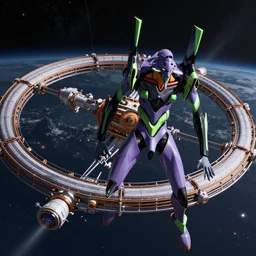 A massive futuristic space station in orbit, neon genesis evangelion