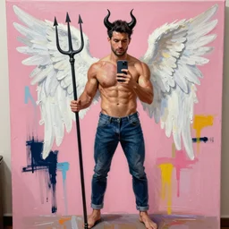 A mirror selfie of a handsome muscular man with white angel wings and black devil horns holding an iPhone, pitchfork, full body, pink background, abstract jean-Michel Basquiat oil painting with thick paint strokes, oil on canvas, detailed
