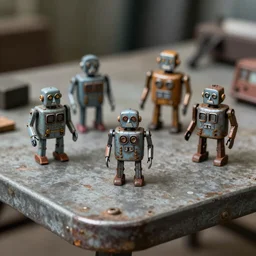 miniture figurines of the rusty robots on an old metal table, HD 8K, depth of field, fstop 1.2, bokeh, dynamic lighting, 50mm lens
