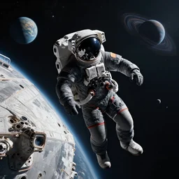 beautiful digital art of an astronaut floating outside of a large cruiser spaceship with fine greeble detail in space in a armored black space suit, planets and a black hole visible in the background