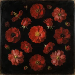 oil painting of many various red flowers on a black background, painted by Sandro Botticelli, the flowers are floating and are seen from the side, dark atmosphere, realistic flowers oil painting