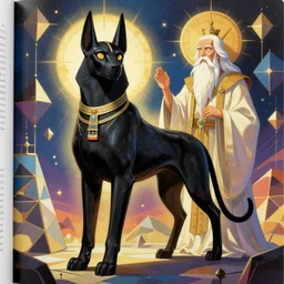 story creative figurative book illustration, mystic black sphinx and prophet elder, in geometric elemental environment, high detail, vibrant colors, by sija hong, yoshitaka amano, bastien deharme, james jean, masterpiece, sharp focus, cinematic lightning
