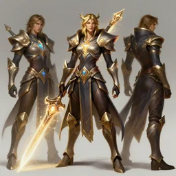 a three - view character concept art by illustrator at riot games!! by artgerm, greg rutkowski and alphonse mucha. arcane!! dynamic pose, full body!! clear portrait of a league of legends hero!! fantasy weapon!! light effect. hyper detailed, glowing lights!! intricate, elegant, digital painting, artstation, smooth, sharp focus