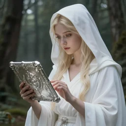 the goddess of memory carving a silver tablet in a forest, white hood, white robes, blonde, fantasy, magical, realistic and detailed, spiritual, supernatural, intricate, elegant, highly detailed, digital painting, trending on artstation, by wlop, 4 k octane render