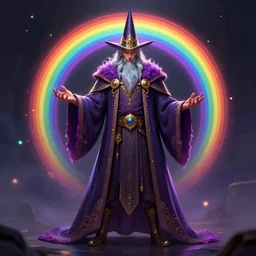 rainbow wizard character concept style, by Mateusz Urbanowicz, wizard, 8k character concept art, by WLOP, rainbow magic particles, cinematic lighting, trending on artstation, symmetrical portrait symmetrical, highly detailed CGsociety, hyper