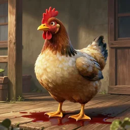 a beast with a chicken - head and duck feet but a women's face, standing on a wooden porch over a puddle of blood blood. highly detailed octane render 8 k volumetric lighting painted by akira toriyama