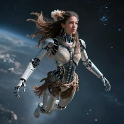 beautiful futuristic himba cyborg woman, robotic arms, weightless in space, hyperrealistic, scifi, concept art, photograph