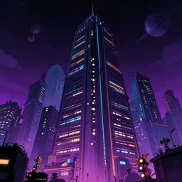city in the style of cyberpunk, singular gigantic building focus, space sky, anime illustration, fnaf, fnaf, fnaf, five nights at freddys,