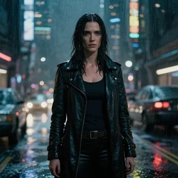 jennifer connelly starring in a cyberpunk movie in a distopic futuristic city in the style of bladerunner, movie still, highly detailed, rainy night, volumetric lights, dramatic, scifi, sharp focus, medium shot